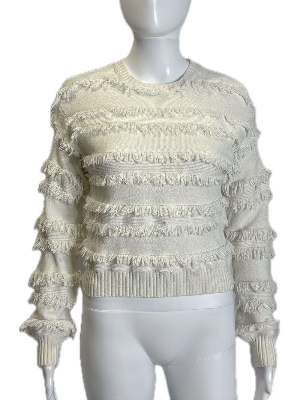 Love Tree Cropped Fringe Sweater Womens Size M Small Cream Long Sleeve Crew